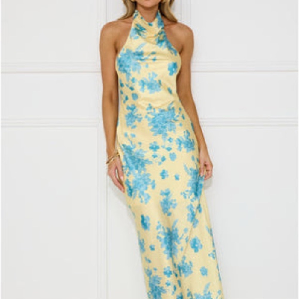 Hello Molly -  Love Signs Halter Satin Maxi Dress Yellow